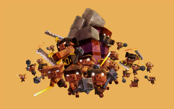 HD desktop wallpaper from Minecraft Legends featuring a dynamic collage of animated characters geared for battle on an orange background.
