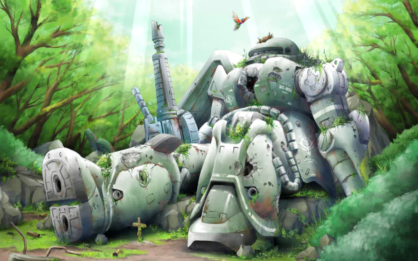 HD desktop wallpaper featuring a large, abandoned mech overgrown with lush greenery in a forest, under a bright, beam-lit sky.