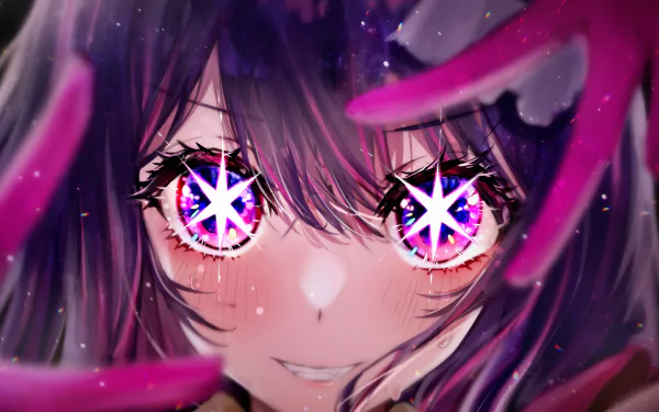 HD desktop wallpaper featuring Ai Hoshino from Oshi no Ko, showcasing a close-up of her face with vividly detailed, starry pink-and-purple eyes.