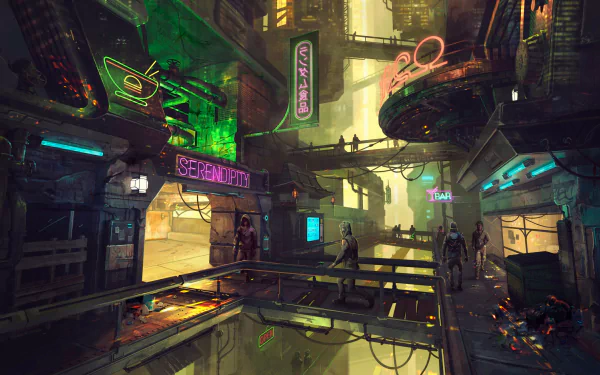 A vibrant cyberpunk scene showcasing neon-lit streets and towering architecture, set in a futuristic city. This 4K Ultra HD wallpaper captures the essence of sci-fi allure.