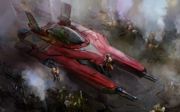 HD desktop wallpaper featuring a dynamic sci-fi scene with a sleek red spaceship surrounded by mysterious figures in a foggy landscape.