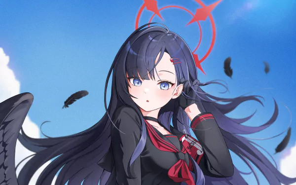 HD PC wallpaper of Ichika from the video game Blue Archive: long black hair, blue eyes, red-trimmed school uniform and ribbon, drifting black feathers, red target halo against bright blue sky.