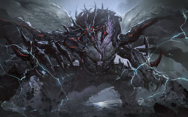 4K Ultra HD anime wallpaper featuring a dark, menacing dragon-like creature from Yu-Gi-Oh! amid a stormy, lightning-filled sky.