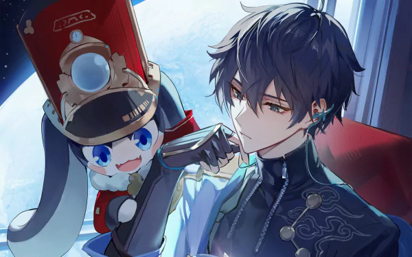 HD desktop wallpaper featuring Dan Heng and Pom-Pom from the video game Honkai: Star Rail, set against a celestial background.