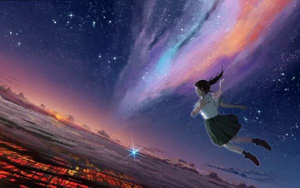HD PC desktop wallpaper featuring Suzume Iwato from the anime Suzume no Tojimari, soaring against a vibrant starry sky with glowing city lights below.