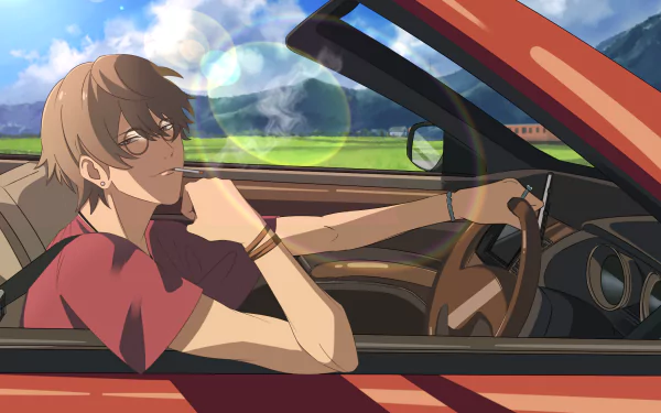 HD anime wallpaper of Tomoya Serizawa from Suzume no Tojimari, sitting confidently in a red convertible with a scenic landscape in the background.