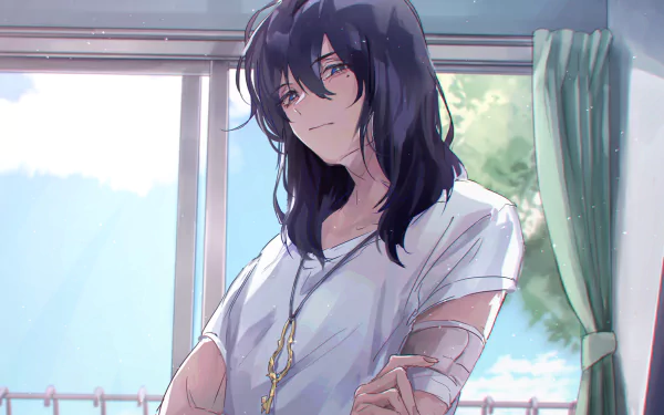 HD PC desktop wallpaper featuring Souta Munakata from the anime Suzume no Tojimari, depicted with long dark hair and a contemplative expression by a sunlit window.