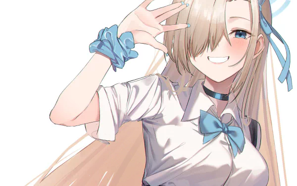 HD PC desktop wallpaper of Ichinose Asuna from the video game Blue Archive: smiling long-haired blonde in a school uniform with blue bow and scrunchie, one eye covered, hand raised in a playful wave.