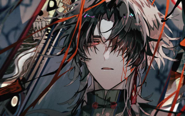 HD PC desktop wallpaper featuring Blade from the video game Honkai: Star Rail, showcasing detailed anime-style art with dark, intricate elements and red accents.