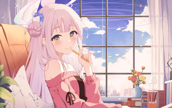 Misono Mika from the video game Blue Archive, depicted in a detailed 4K Ultra HD PC desktop wallpaper with soft lighting and a cozy indoor setting.