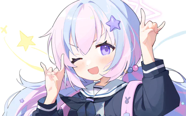 HD PC desktop wallpaper featuring Uzawa Reisa from the video game Blue Archive, showcasing a cheerful character with pastel hair and a star accessory.