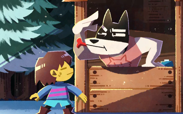 4K Ultra HD Undertale desktop wallpaper featuring Frisk and Doggo interacting near a wooden stall, set against a nighttime forest backdrop.