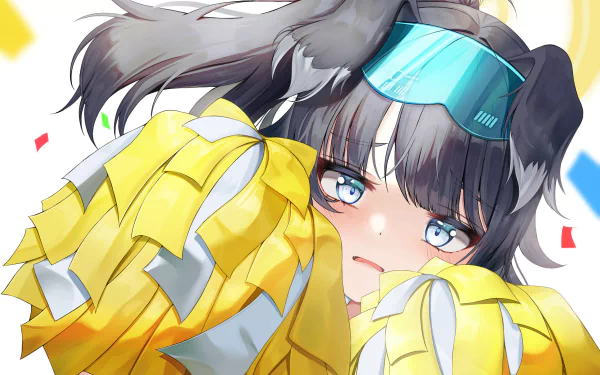 HD PC desktop wallpaper of video game character Nekozuka Hibiki from Blue Archive — close-up of her blue-eyed, black-and-white hair, goggles and yellow pom-poms with a shy, blushing expression.
