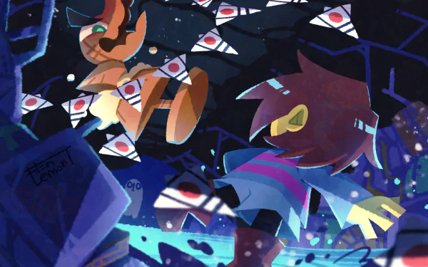 4K Ultra HD PC Desktop Wallpaper and Background of Undertale (video game): Frisk faces Mad Dummy while Napstablook floats amid glowing eyes and a shattered blue void.