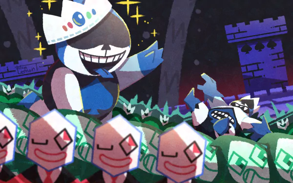 4K Ultra HD Deltarune wallpaper featuring King and Lancer surrounded by their minions against a dark castle backdrop from the video game Deltarune.