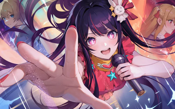 4K Ultra HD anime wallpaper featuring Ai Hoshino from Oshi no Ko, vibrant and dynamic, capturing her energetic performance with vivid colors and expressive details.