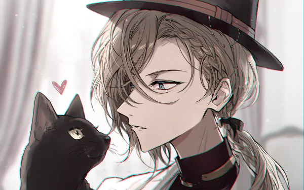 Anime-style HD desktop wallpaper featuring Paul Verlaine from Bungou Stray Dogs, depicted with a black hat and a close black cat against a soft, muted background.
