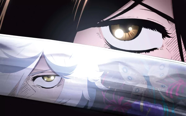 HD desktop wallpaper of the anime Hell's Paradise, featuring intense close-up shots of two characters' eyes, with a reflective blade separating their gazes.