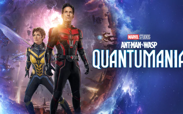 A vibrant HD desktop wallpaper featuring the logo for the movie Ant-Man and The Wasp: Quantumania set against a colorful background.