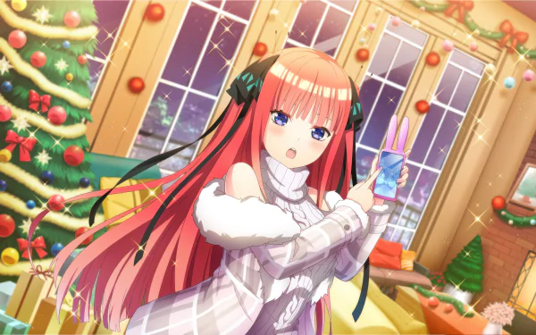 Nino Nakano from The Quintessential Quintuplets is featured in this vibrant HD anime wallpaper, set in a festive, decorated room with Christmas trees and warm lighting.