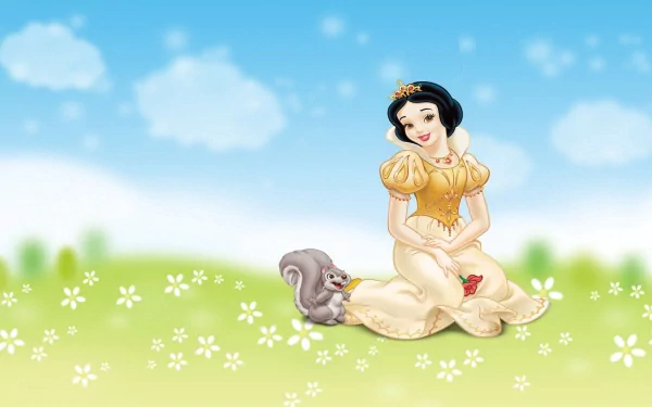 HD PC desktop wallpaper: Snow White from the movie Snow White and the Seven Dwarfs sits on a flower-strewn grassy hill with a squirrel under a bright blue sky.
