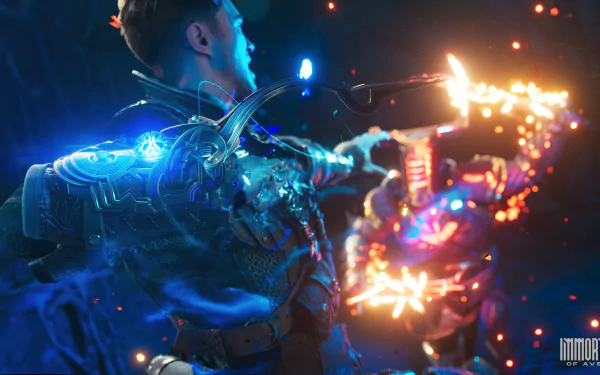 HD desktop wallpaper featuring a character from Immortals of Aveum, showcasing futuristic armor and vibrant effects.
