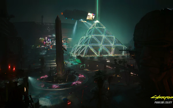4K Ultra HD Cyberpunk 2077 PC desktop wallpaper featuring a neon-lit futuristic cityscape with a glowing pyramid structure and an obelisk under a dark sky.