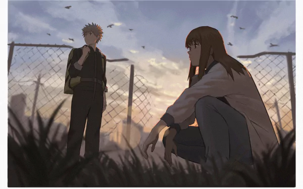 Maru and Kiruko from Heavenly Delusion stand by a chain-link fence at sunset in this HD anime desktop wallpaper.