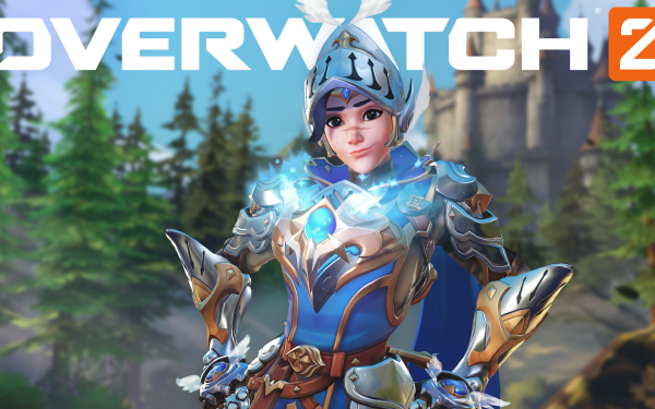 Overwatch 2 HD wallpaper featuring a dynamic portrait of a female character in elaborate blue armor set against a serene forest backdrop.