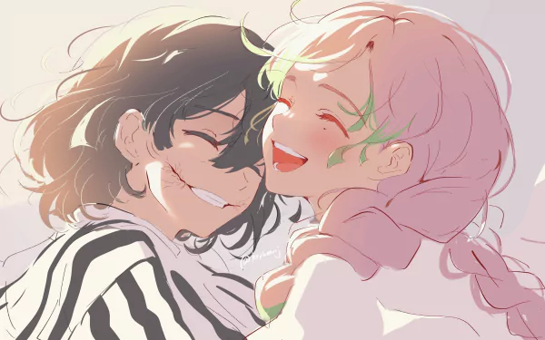 Mitsuri Kanroji and Obanai Iguro from Demon Slayer: Kimetsu no Yaiba share a joyful moment in a 4K Ultra HD anime desktop wallpaper.
