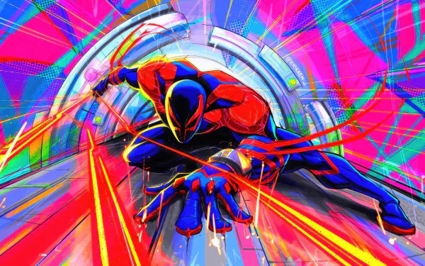 HD wallpaper featuring Spider-Man 2099 (Miguel O'Hara) from Spider-Man: Across the Spider-Verse, in an action pose with vibrant, colorful background.