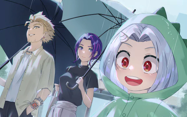 HD anime wallpaper featuring Eri, Lady Nagant, and Hawks from My Hero Academia standing together under umbrellas on a rainy day.