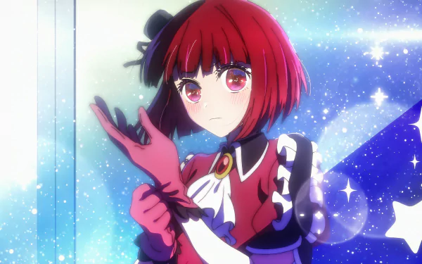 Kana Arima from Oshi no Ko is depicted in this vibrant 4K Ultra HD anime wallpaper with striking red hair and a detailed outfit against a sparkling blue background.