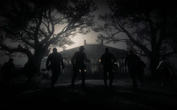 HD PC wallpaper featuring the Arthur Morgan gang silhouetted against the eerie glow of a house from the video game Red Dead Redemption 2.