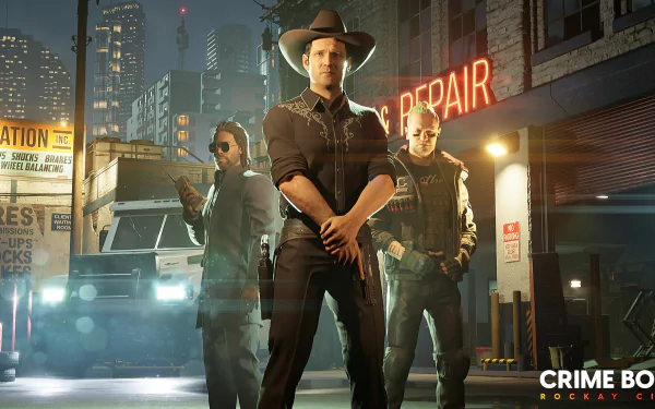 HD desktop wallpaper featuring three characters from the video game Crime Boss: Rockay City, standing on a neon-lit street.