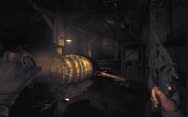HD wallpaper featuring a suspense-filled scene from Amnesia: The Bunker with eerie lighting and a first-person perspective holding a crank and a revolver.