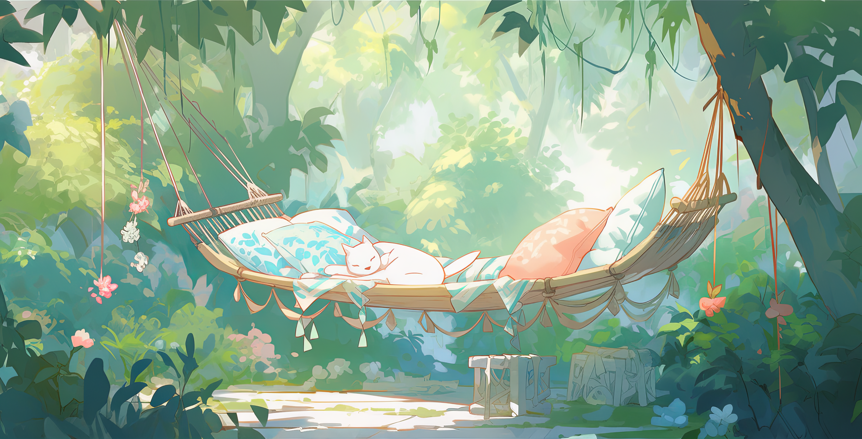Relaxing HD desktop wallpaper featuring an AI-generated art piece of a hammock with pillows and a sleeping cat, set in a serene, lush garden.