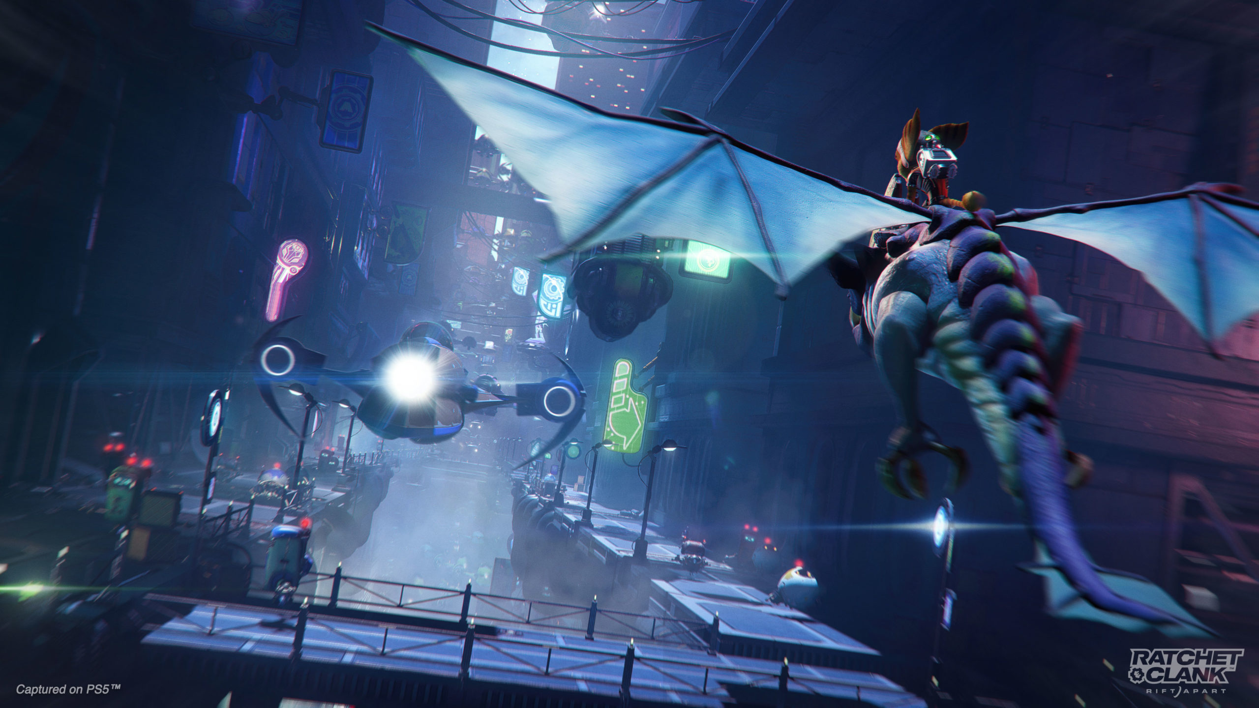 HD desktop wallpaper featuring a scene from Ratchet & Clank: Rift Apart with characters and futuristic cityscape.
