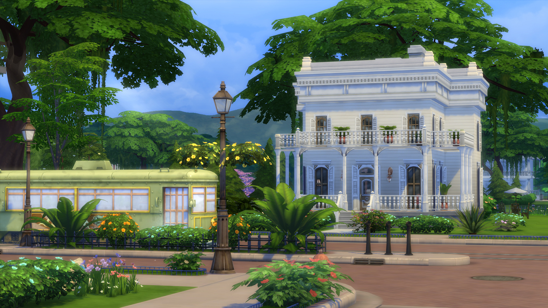 HD desktop wallpaper from The Sims 4 featuring an elegant white mansion with lush gardens and a serene park setting.