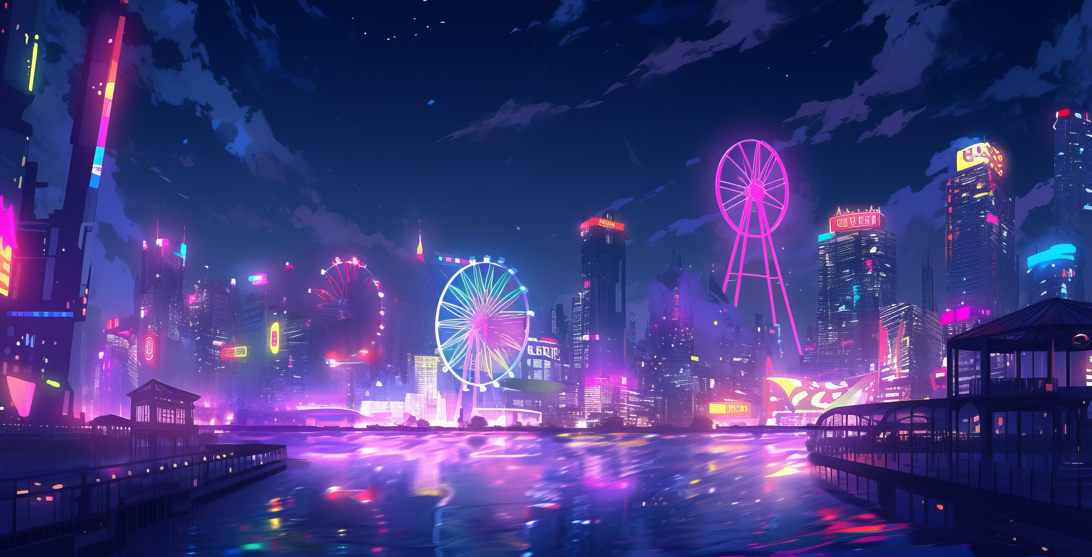 Neon Night City Landscape Cyberpunk Wallpaper by patrika