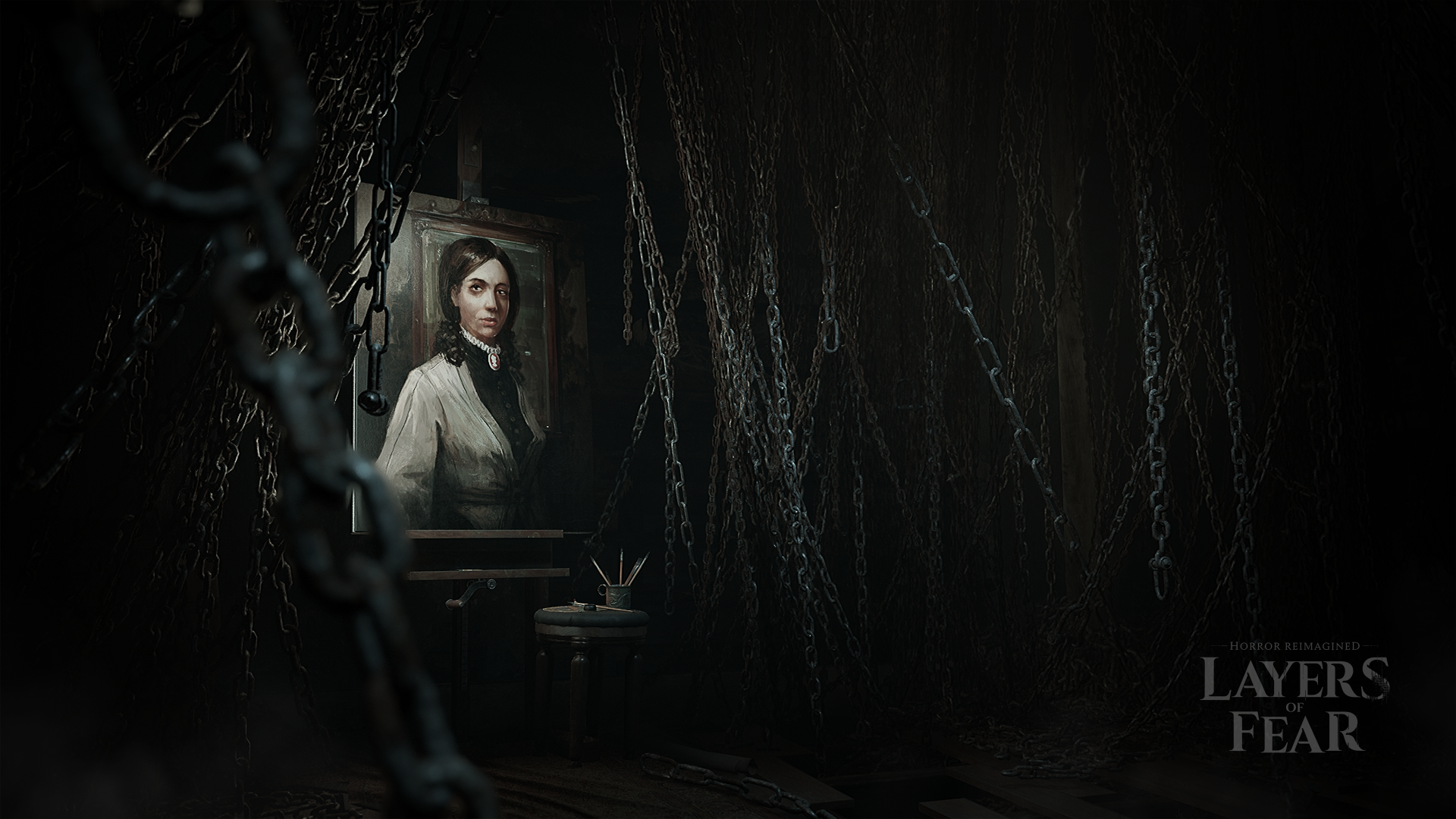 HD Layers of Fear desktop wallpaper featuring eerie painting in a dark room with hanging chains.