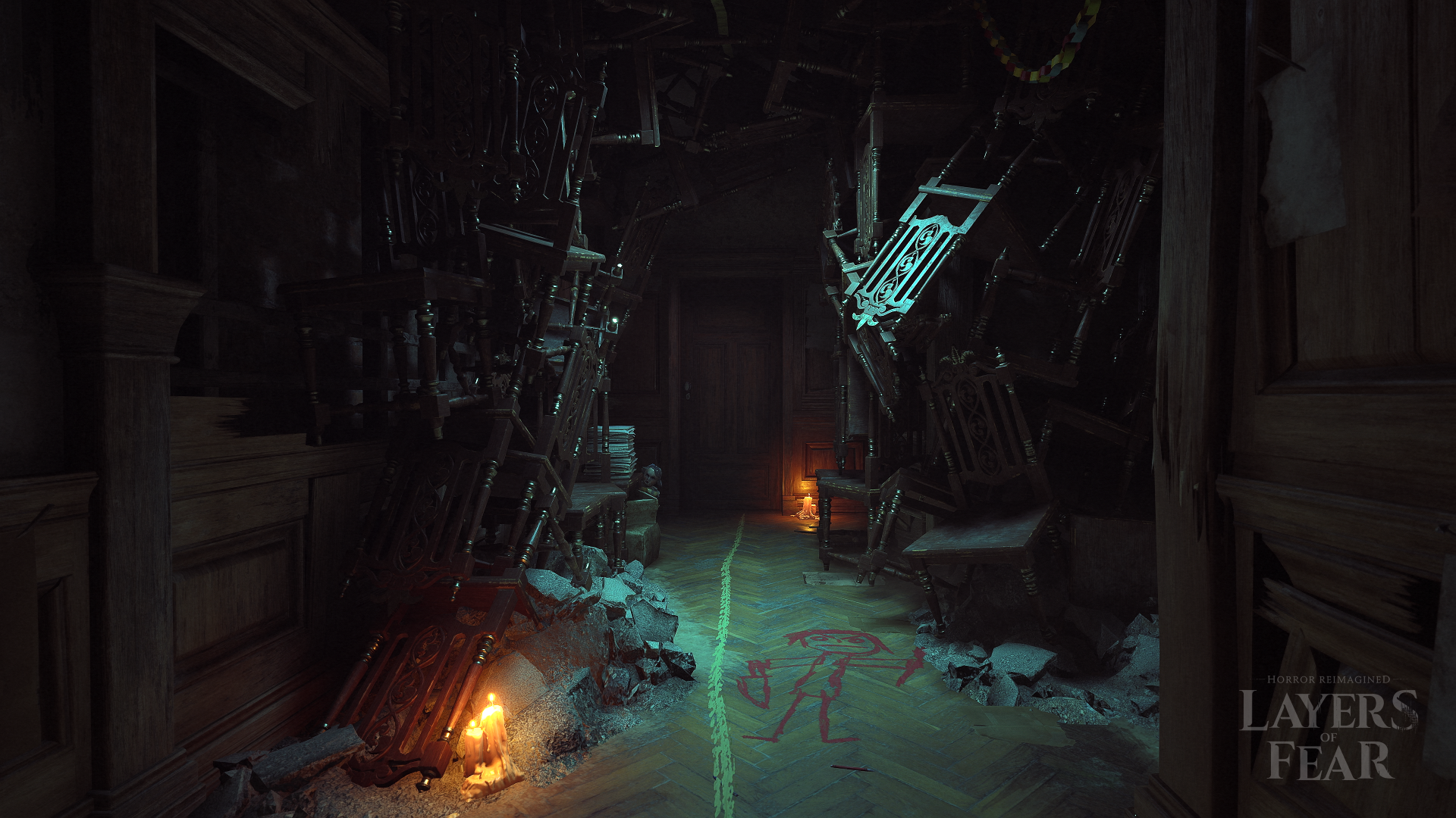 HD desktop wallpaper featuring a dark, eerie corridor from the game Layers of Fear with ominous lighting and scattered furniture.