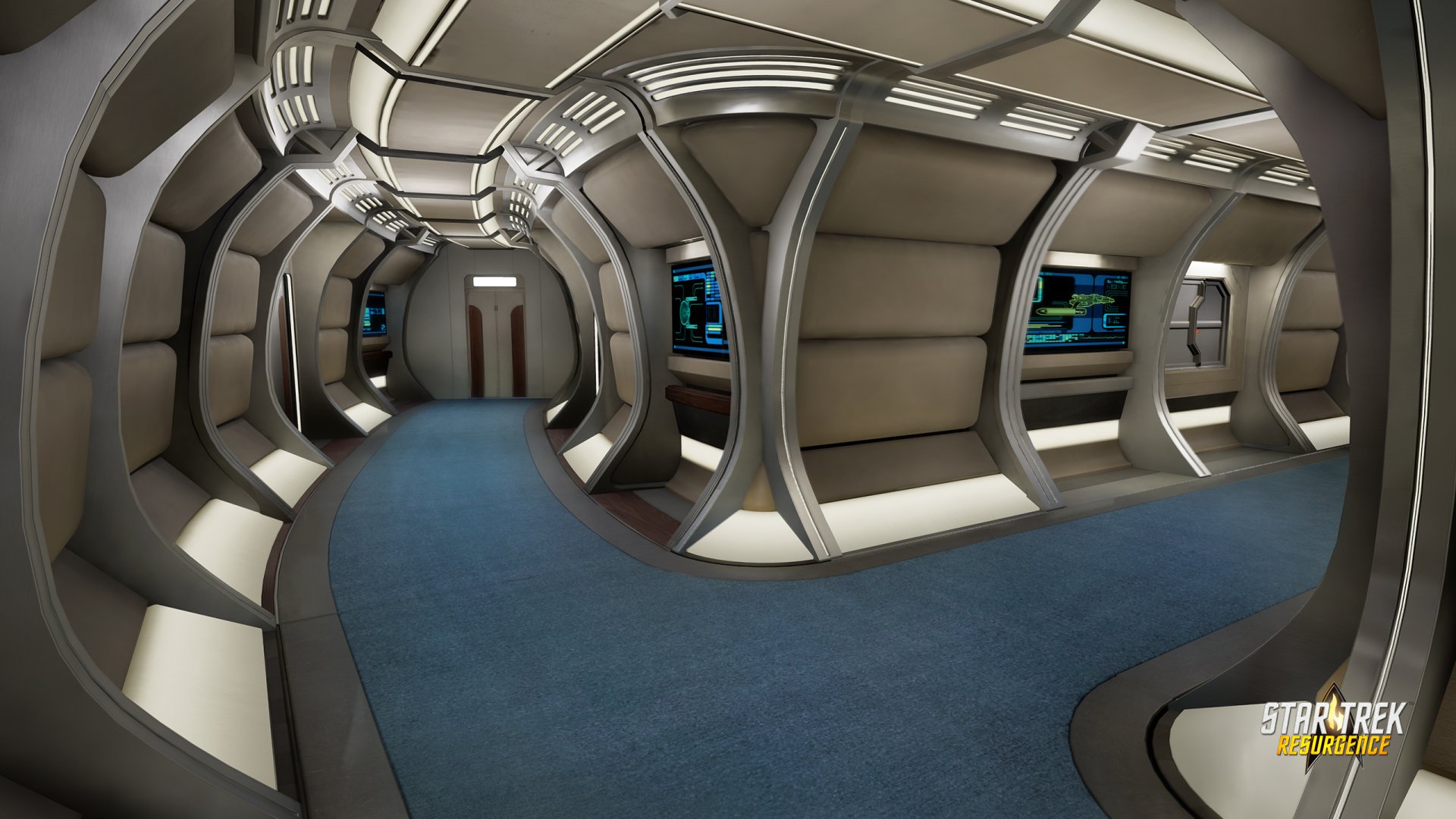HD desktop wallpaper featuring the interior corridor of a spaceship from Star Trek: Resurgence, with a futuristic design.