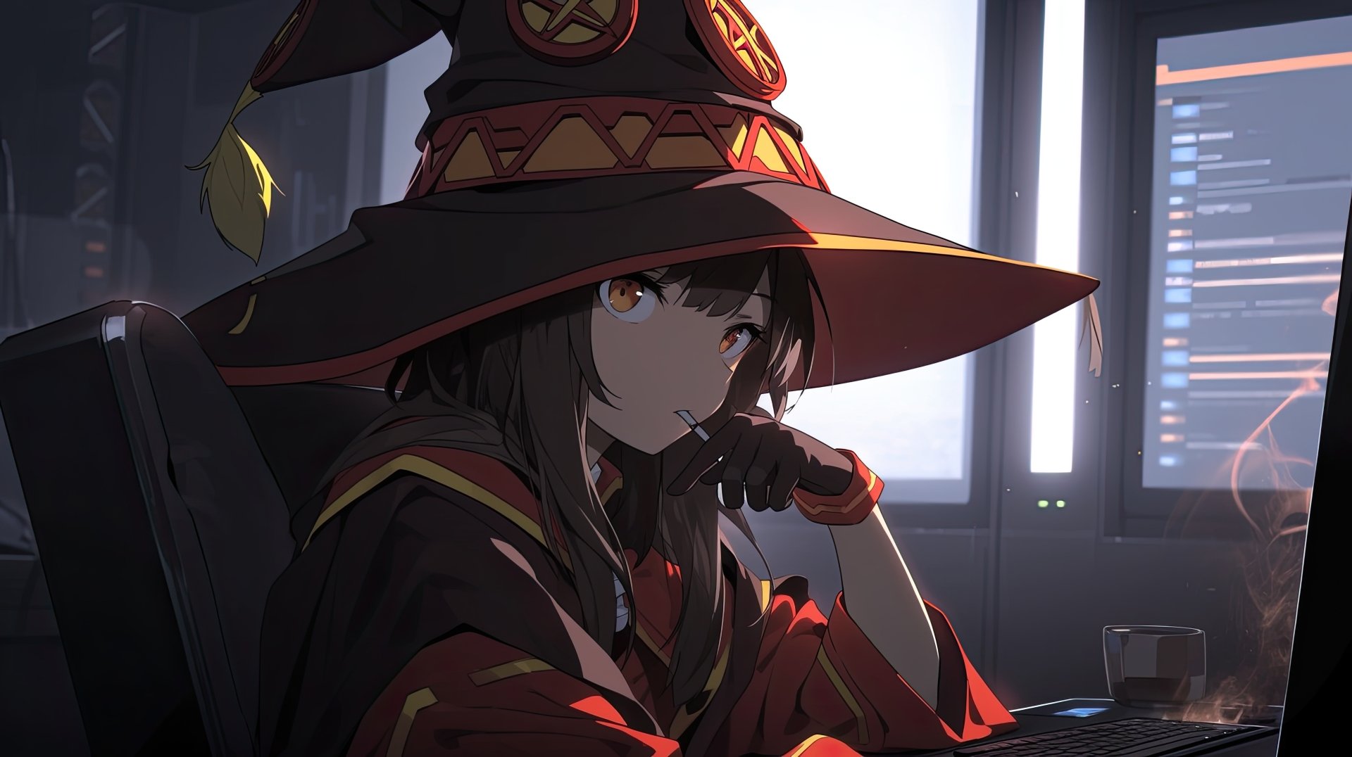 Anime-style 8K Ultra HD desktop wallpaper featuring Megumin from KonoSuba – God’s blessing on this wonderful world!!, sitting thoughtfully in a dimly lit room.