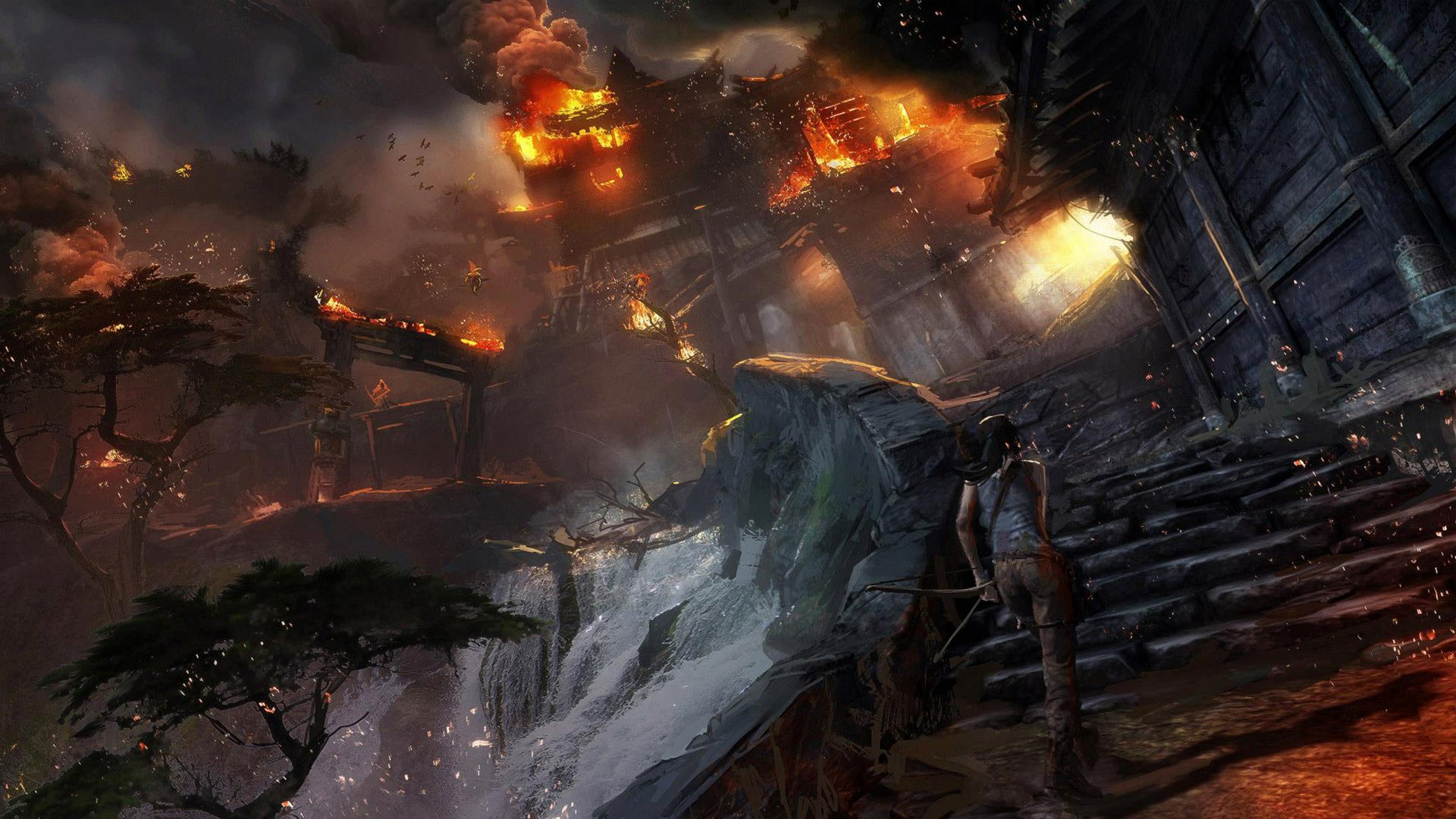 Download Concept Art Explosion Fire Lara Croft Burning HD Wallpaper