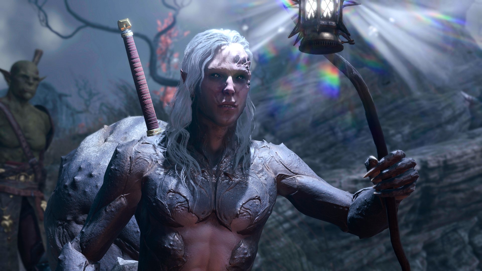 HD desktop wallpaper from Baldur's Gate 3 featuring a detailed image of a character with white hair and elven armor, holding a bow in a mystical forest setting.