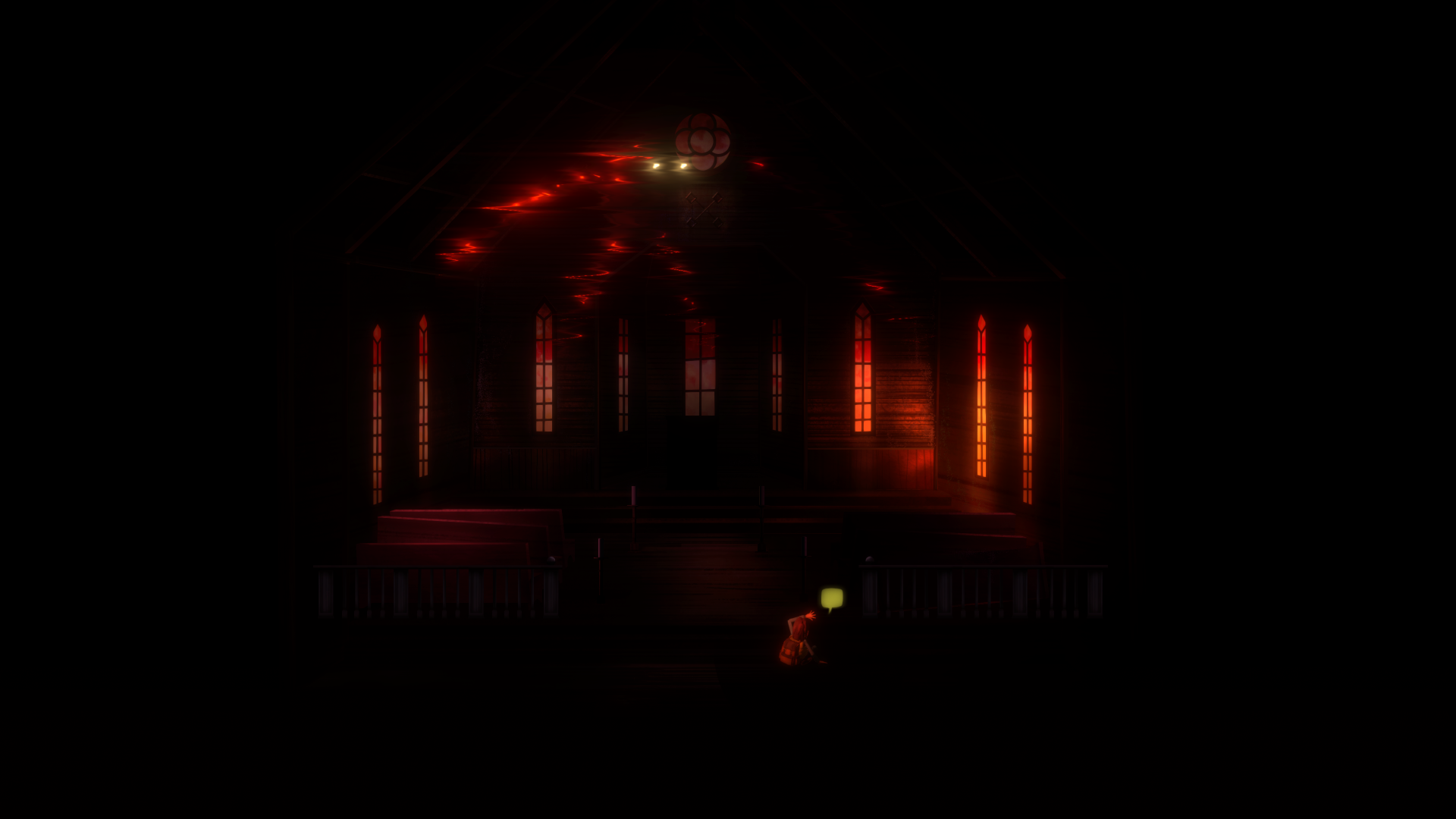 A striking HD wallpaper from Oxenfree II: Lost Signals, featuring a dark, atmospheric setting illuminated by eerie red lights and mysterious figures.