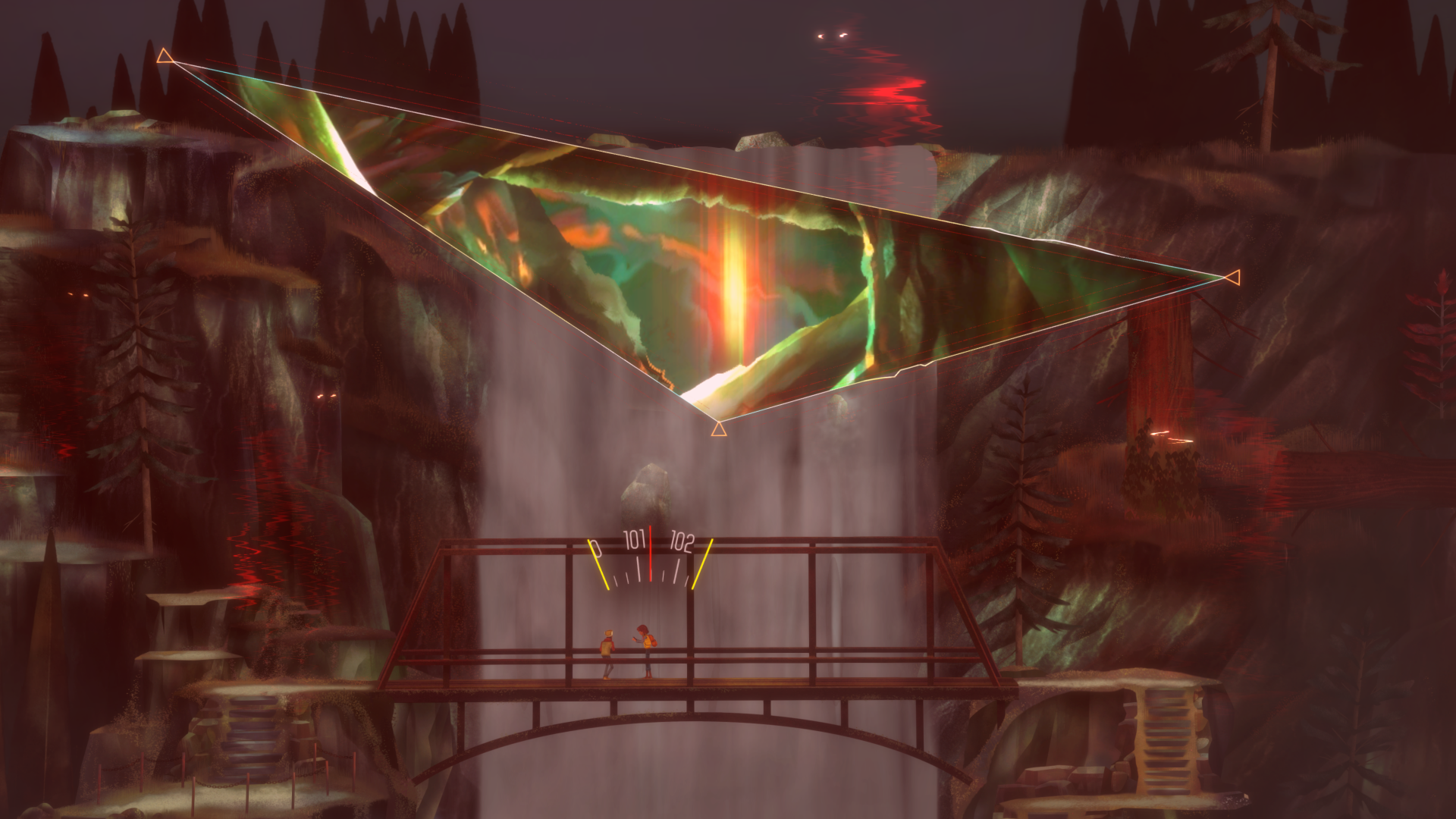 Oxenfree II: Lost Signals game scene with mystical triangular portal above a bridge for HD desktop wallpaper.