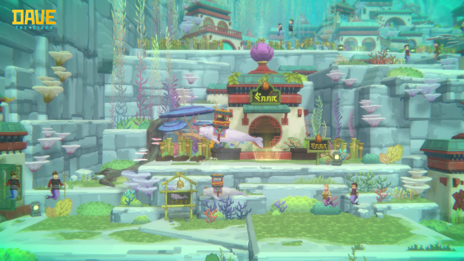 HD desktop wallpaper featuring an underwater scene from Dave the Diver with a stylized building and aquatic landscape.
