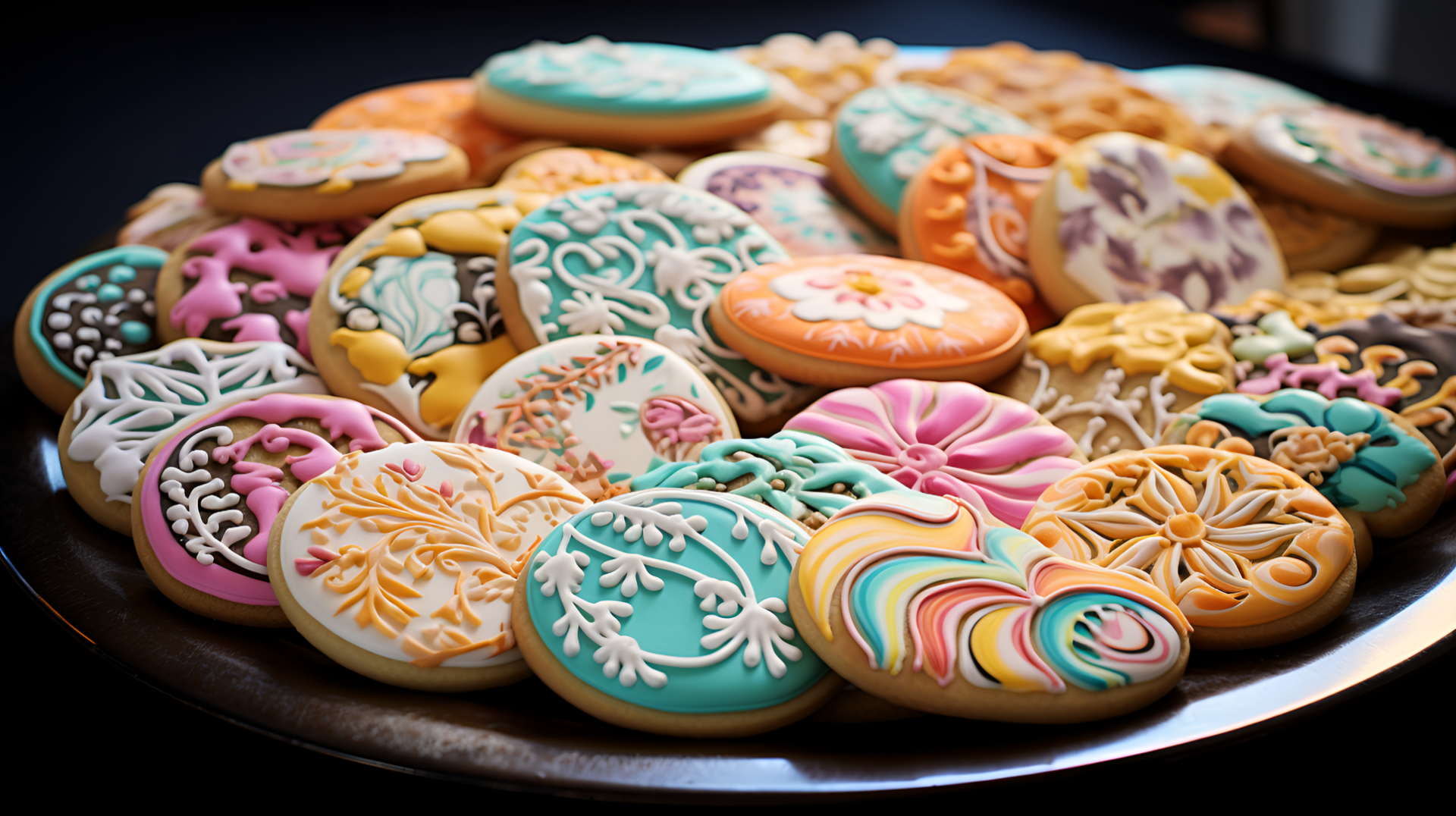 A vibrant assortment of beautifully decorated sugar cookies, featuring intricate designs and colors, arranged on a platter, serving as a delightful HD desktop wallpaper background.